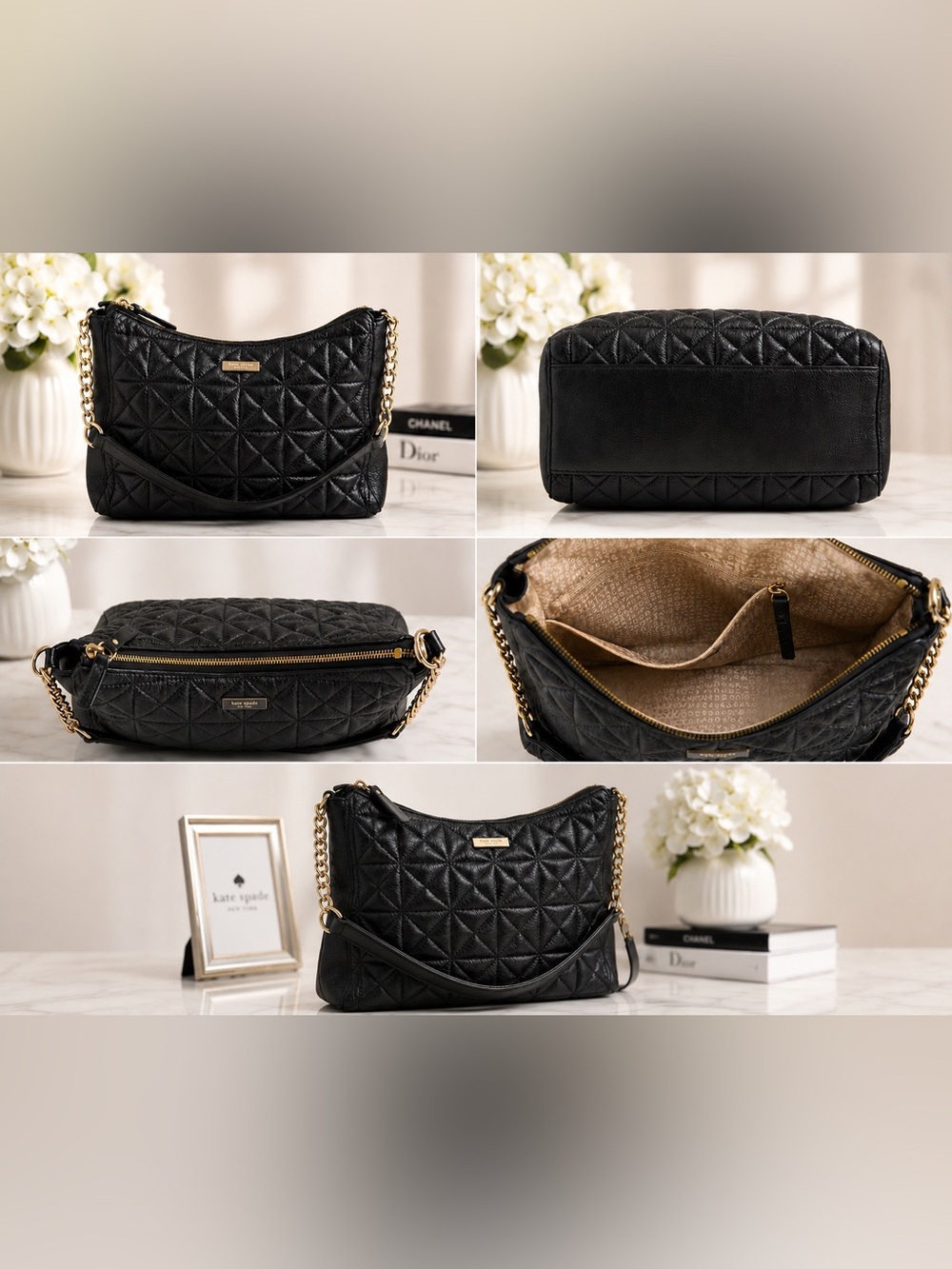 Kate Spade Quilted Black Leather Shoulder Bag with Gold Chain